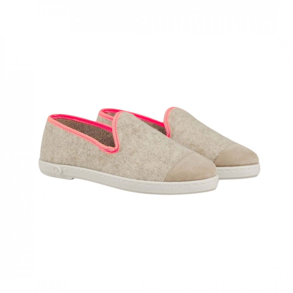 Chausson femme laine, beige rose fluo