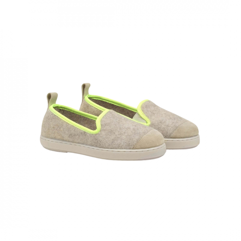 Chausson enfant laine, beige jaune fluo