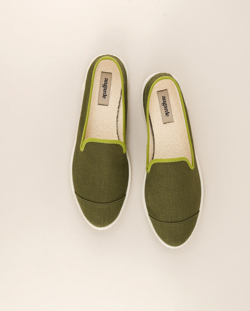 Chausson femme lin, kaki pistache