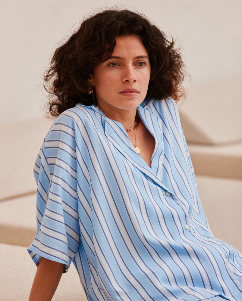 Chemise femme, rayures bleu-océan