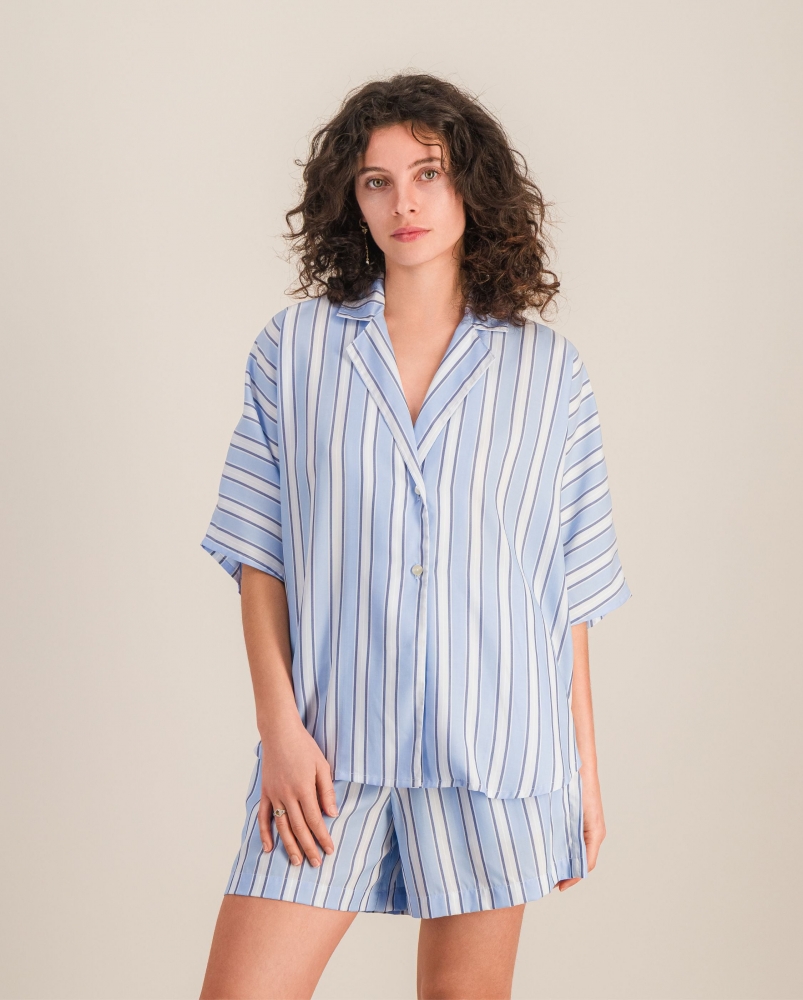 Chemise femme, rayures bleu-océan