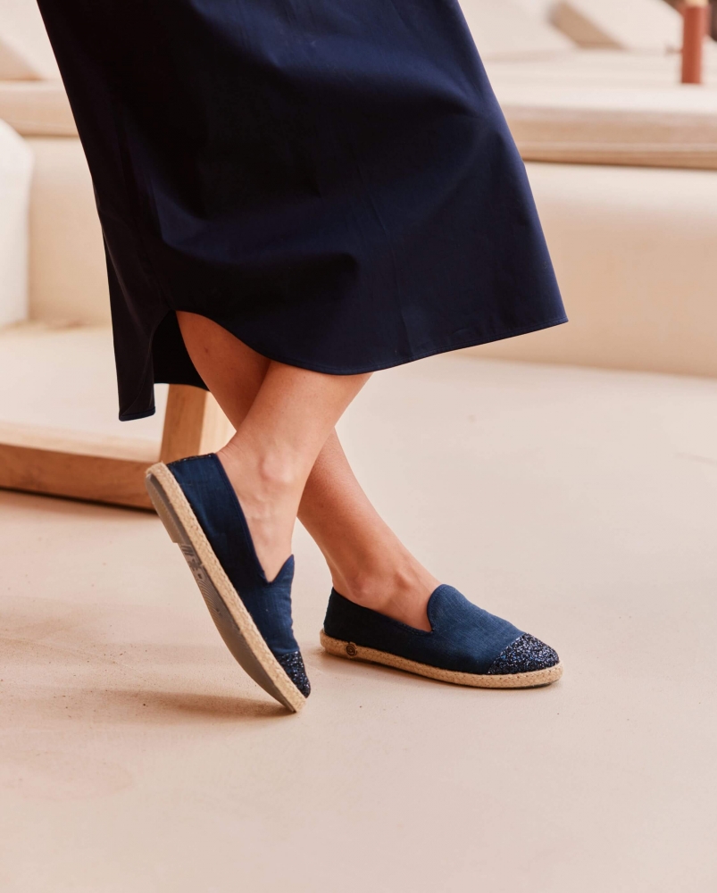Espadrille femme lin, marine paillettes