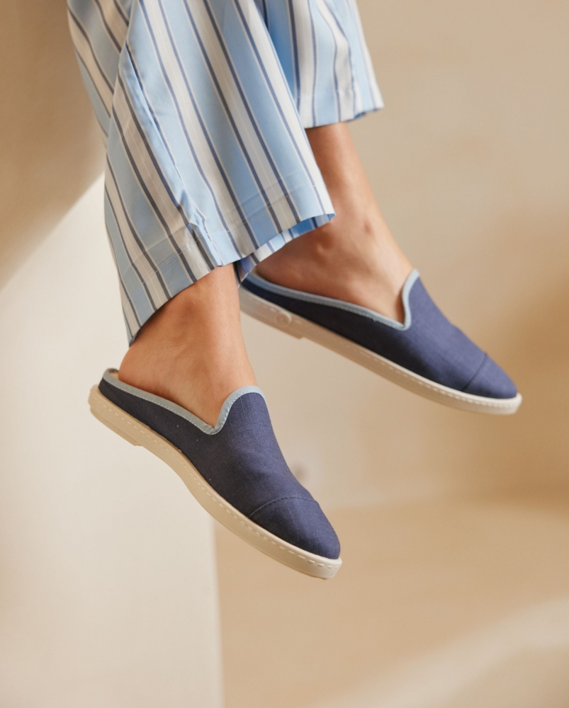Mule femme lin, jean ciel