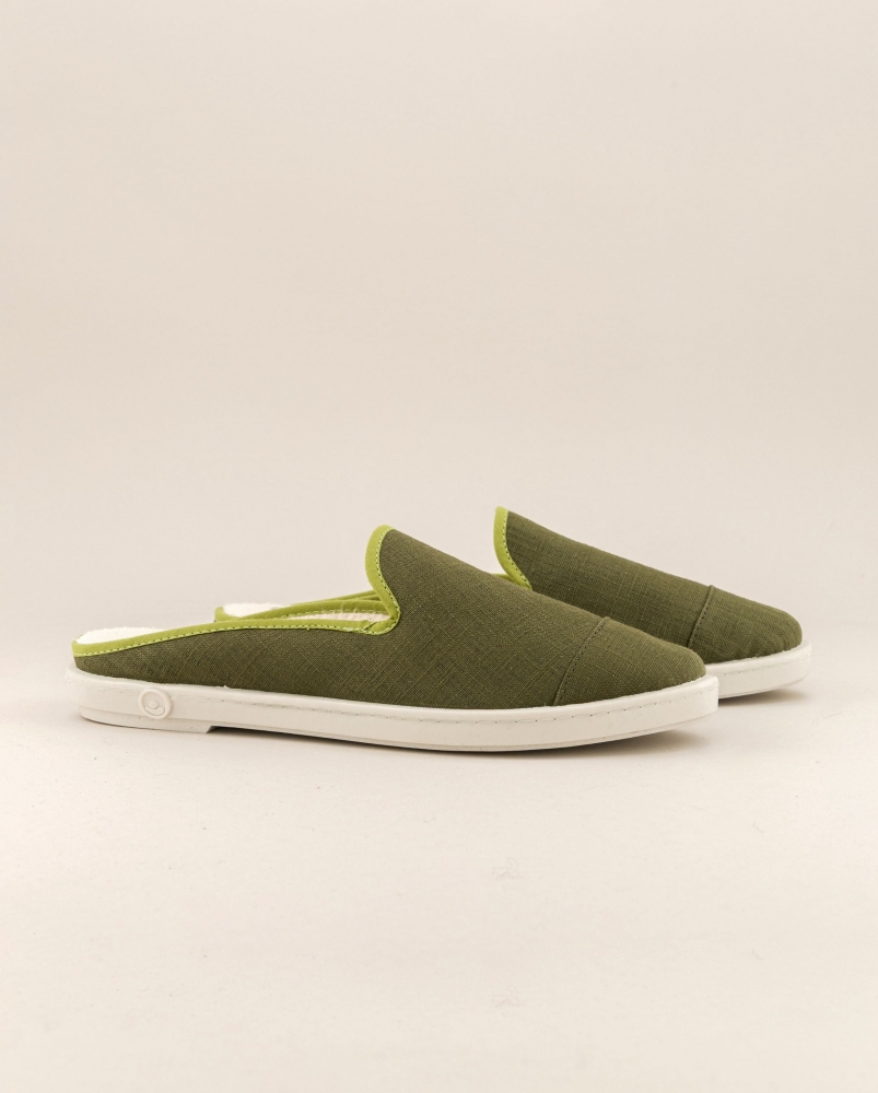 Mule femme lin, kaki pistache