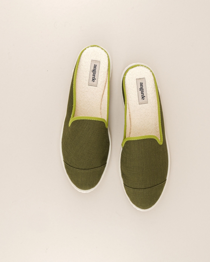 Mule femme lin, kaki pistache