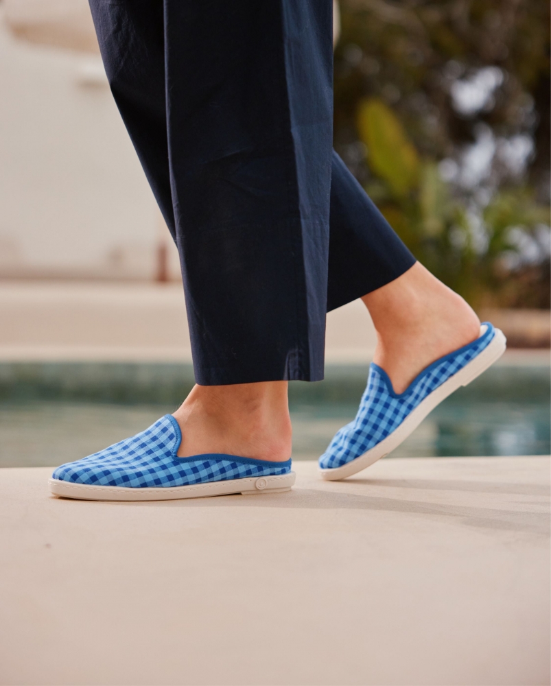 Mule femme vichy, bleu-océan