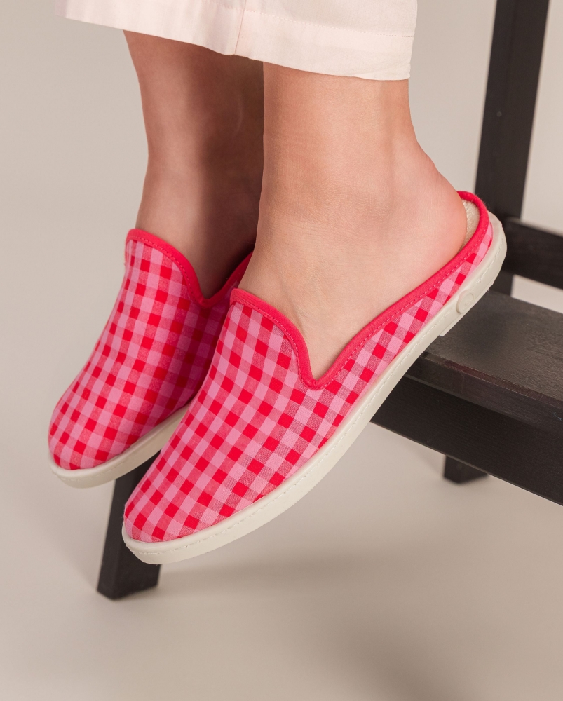 Mule femme vichy, rouge-rose