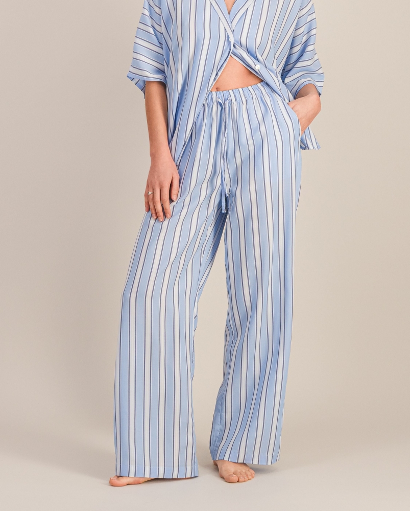 Pantalon femme, rayures bleu-océan