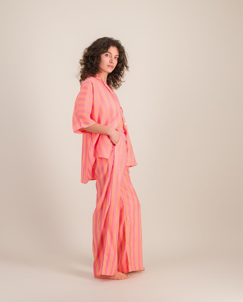 Pantalon femme, rayures rose-orange