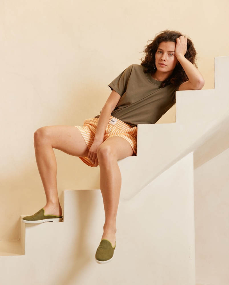 Short pyjama femme, rayures orange