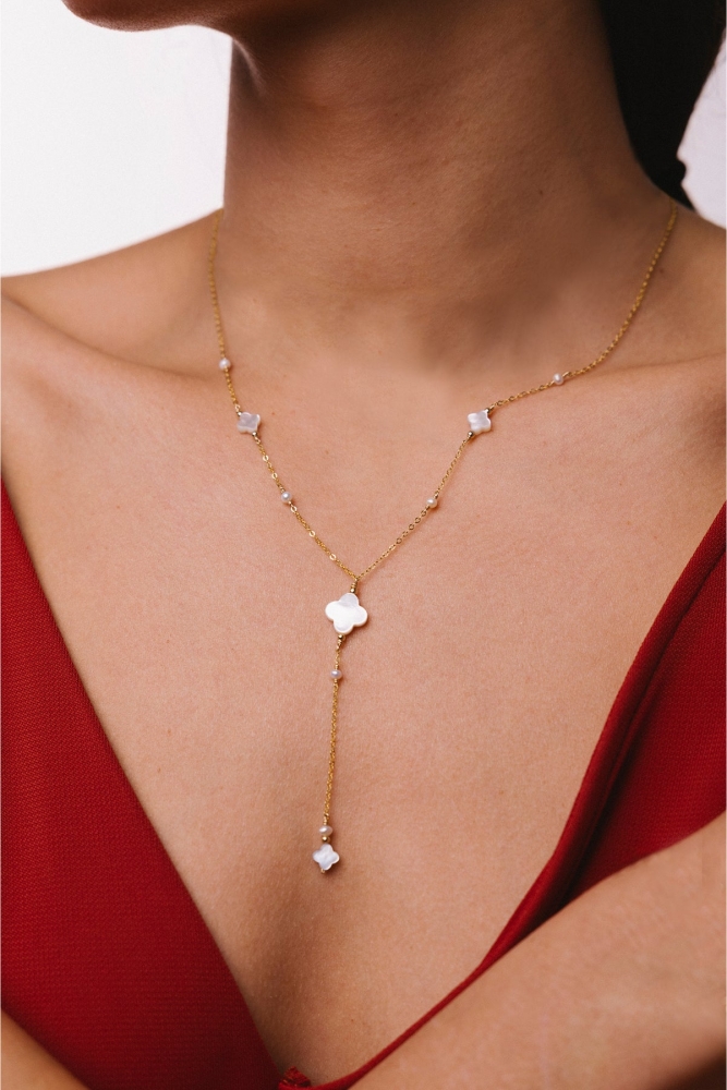 Collier long cravate Swan - Nacre