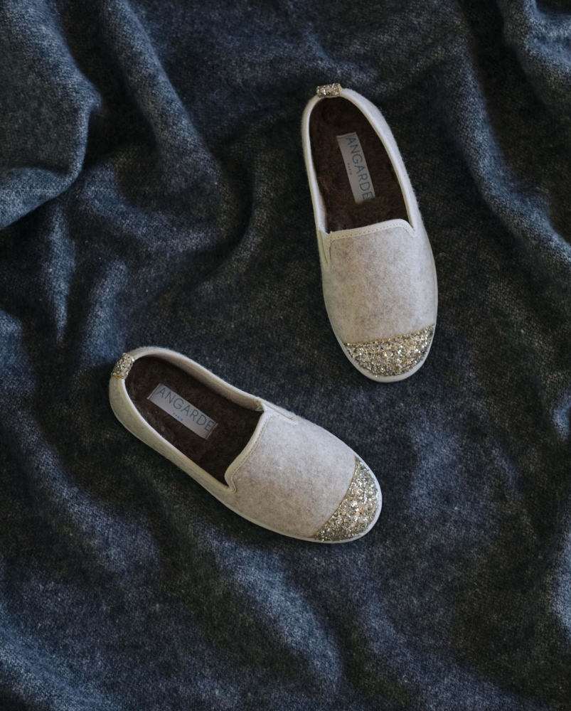  Chausson enfant Bruson, laine beige paillettes