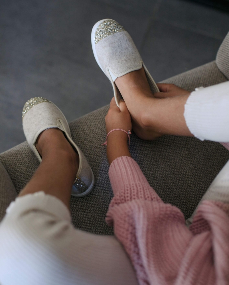  Chausson enfant Bruson, laine beige paillettes