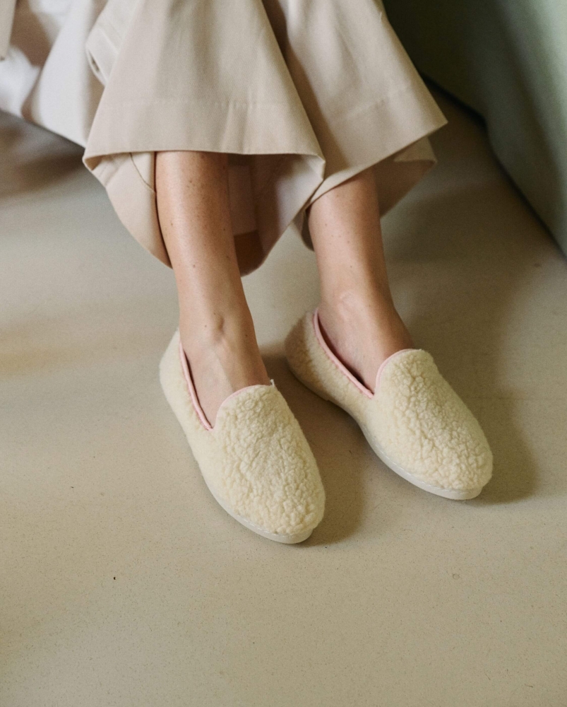 Paire 2 - Chausson femme Bruson, bouclette de laine rose