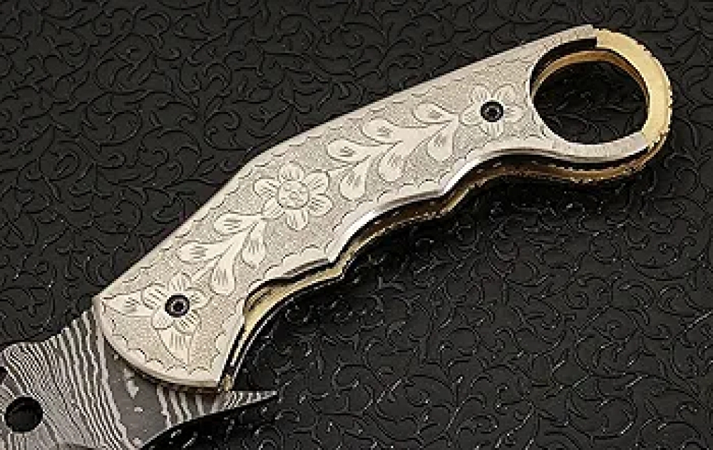 Damascus Karambit Gold Brass Engraved Handle