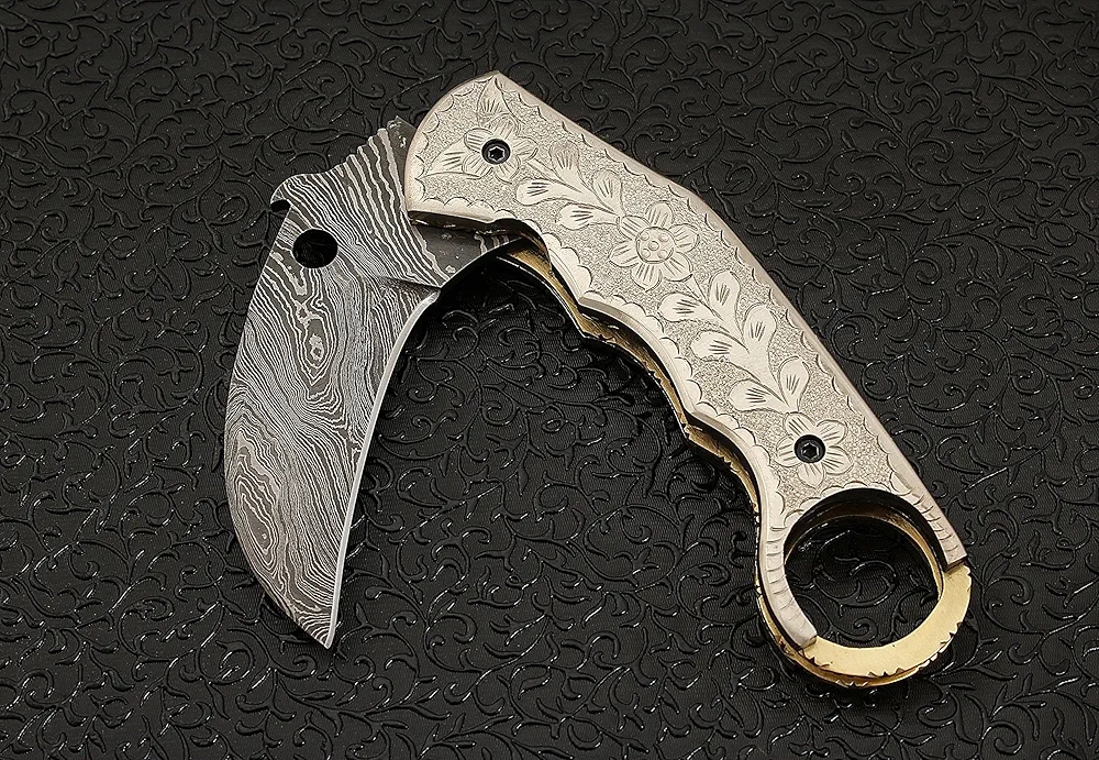 Damascus Karambit Gold Brass Engraved Handle