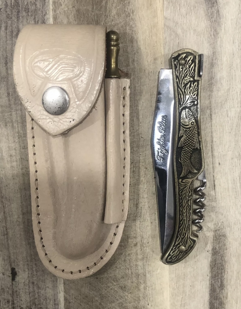 Fighter Plus Pocket Knife, Sheath & Sharpener & Cork Screw, Fish Design