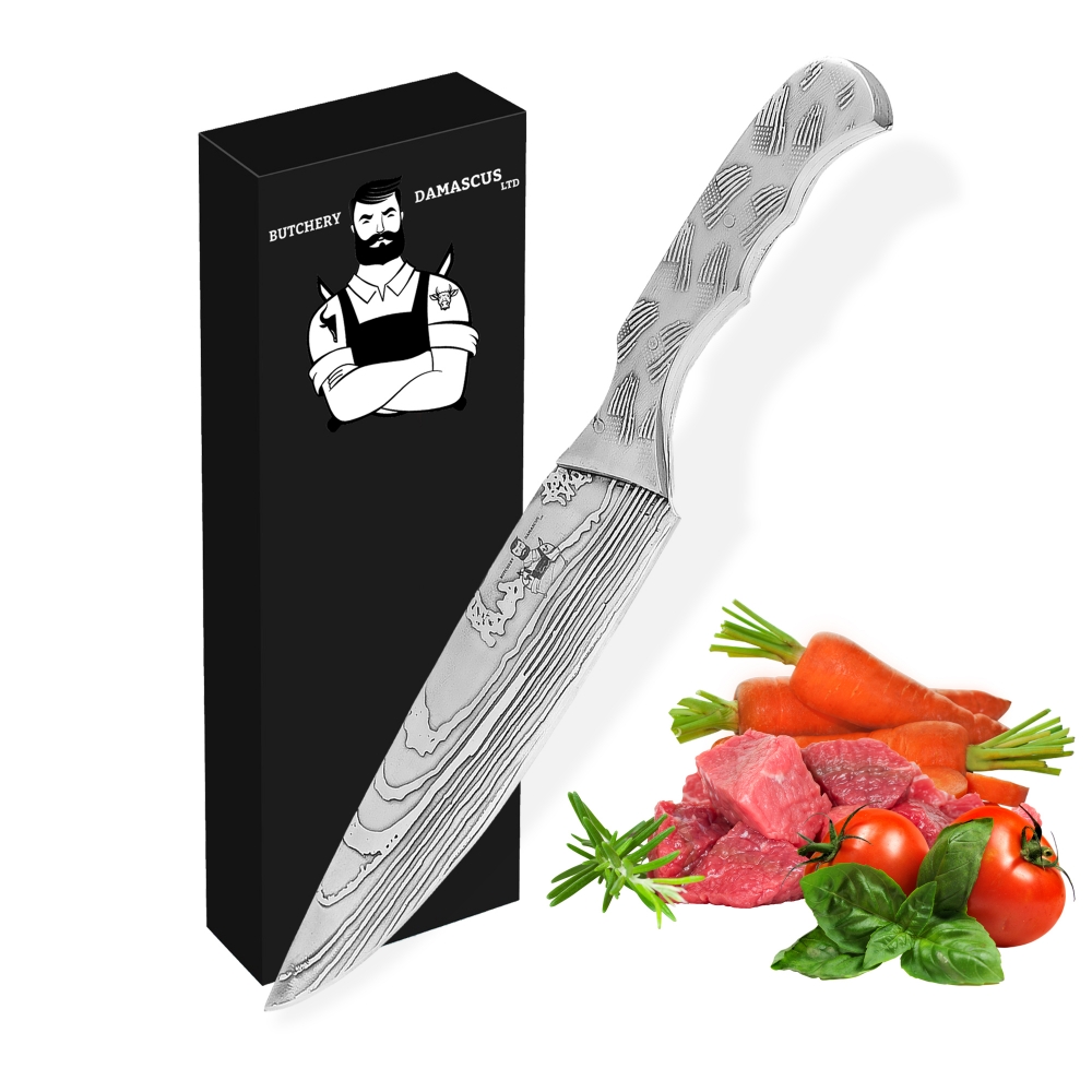 Butchery Damascus Series 2.0 SG-2/VG-10 Japanese Cleaver/Chet Stainless-Steel Kitchen Knife Set  4 Pcs Set  - Pro with Acid Etching & Premium Mirror Finish Knife with Non-Slip Titanium Handle Grip with Engraving