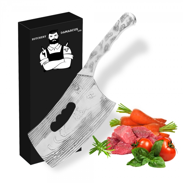 Butchery Damascus SK-2.3 Series VG-10 Japanese Cleaver Stainless-Steel Kitchen Knife - Pro with Acid Etching & Premium Mirror Finish Knife with Non-Slip Titanium Handle Grip with Engraving
