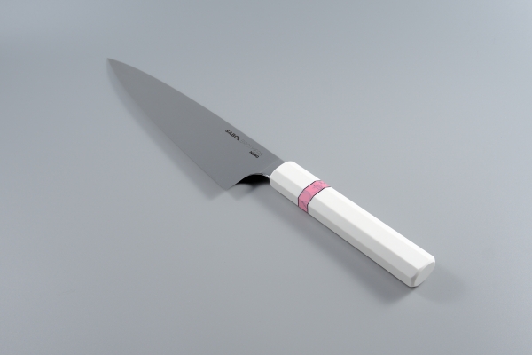 SABOL BROTHERS 210 mm Japanese style Gyuto made of Böhler N690 and Elforyn octagonal handle with pink reconstituted stone insert
