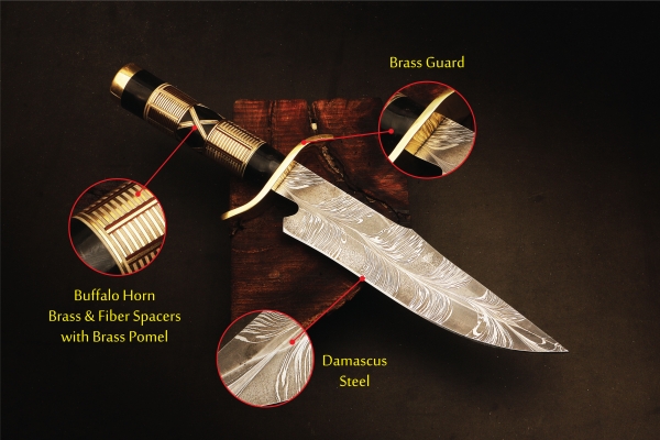 Exquisite Custom Feather-Patterned Damascus Steel Bowie Knife with Buffalo Horn Handle