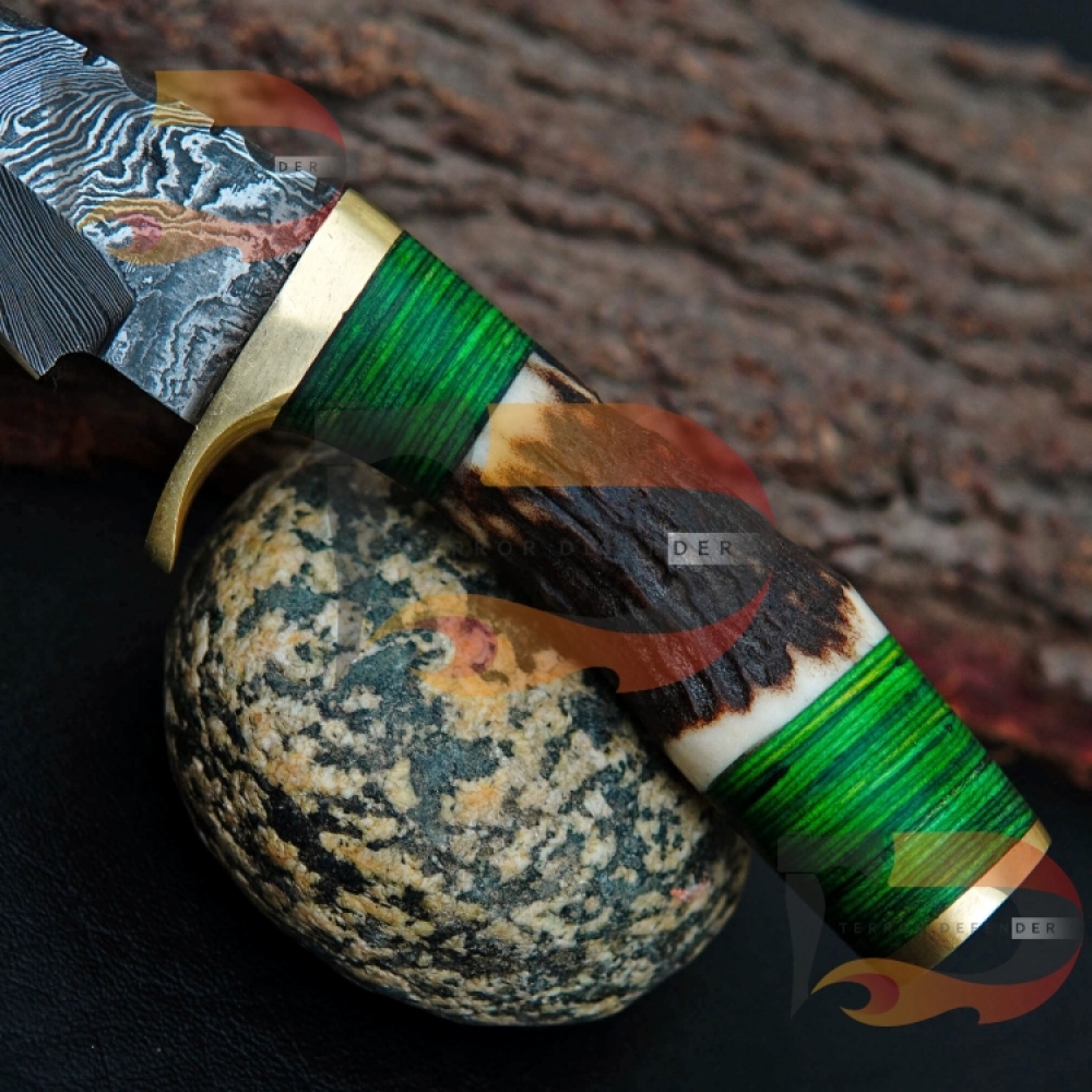 Handmade Damascus Custom Stag/Antler Fixed Blade Hunting Knife/Brass Handle Comes with Pure Leather Sheath Best Gift for Him | Camping knife