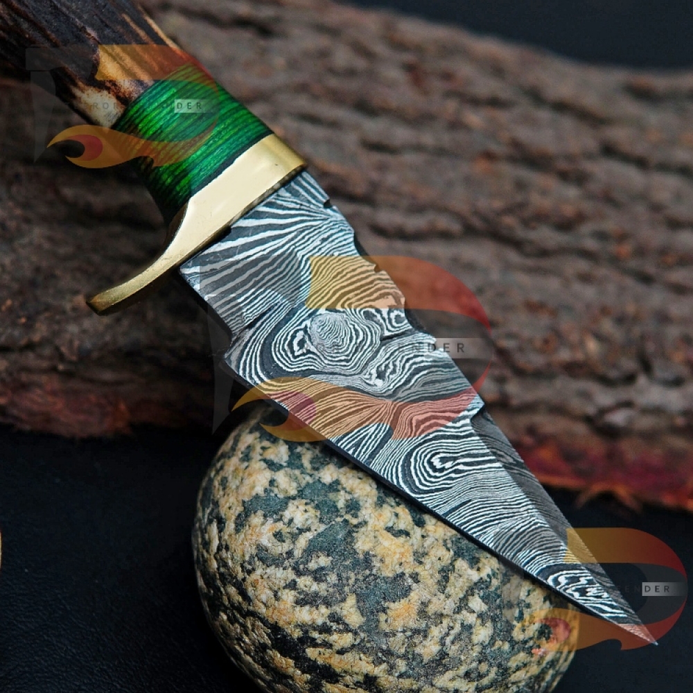 Handmade Damascus Custom Stag/Antler Fixed Blade Hunting Knife/Brass Handle Comes with Pure Leather Sheath Best Gift for Him | Camping knife