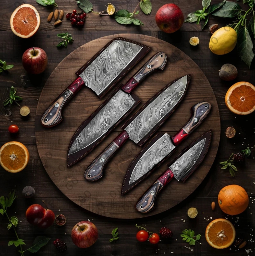 Handmade steel Damascus chef set