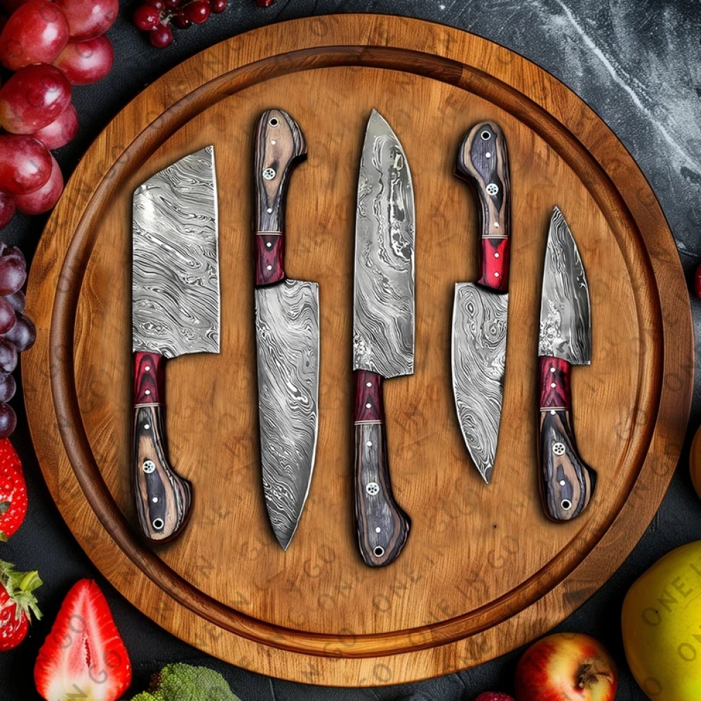 Handmade steel Damascus chef set