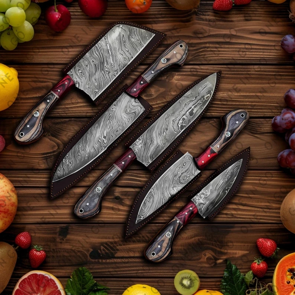 Handmade steel Damascus chef set