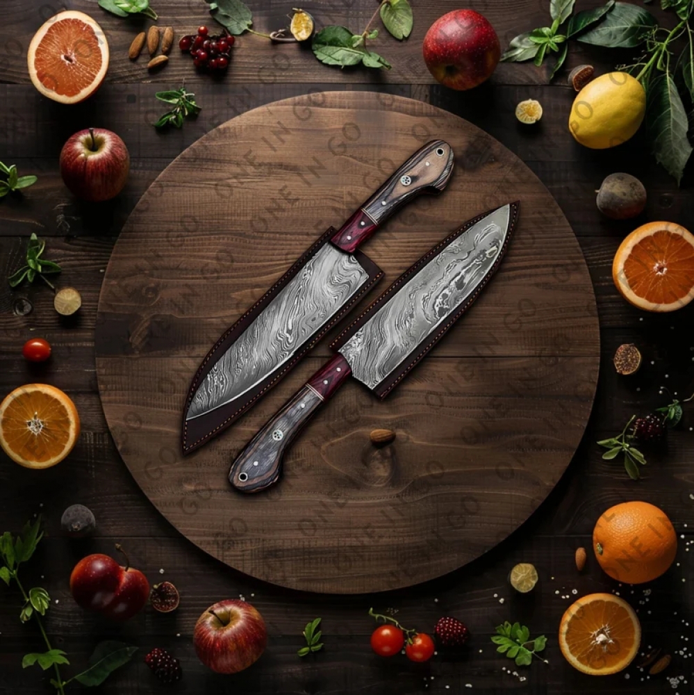 Handmade steel Damascus chef set