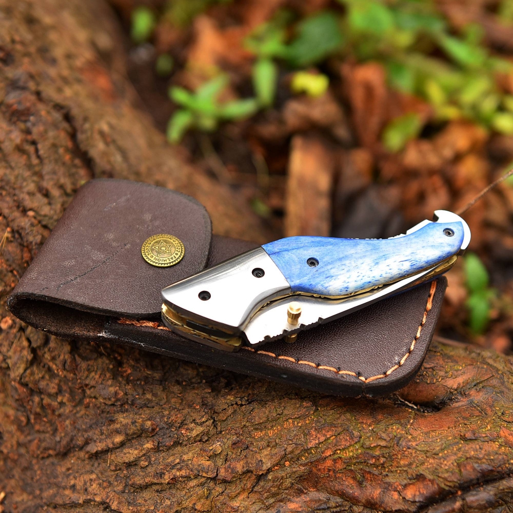 Custom Hand Made D2 steel Folding Knife With Color Camel Bone Handle 