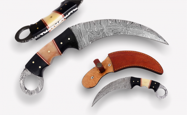 Handmade damascus steel karambit knife with leather sheath