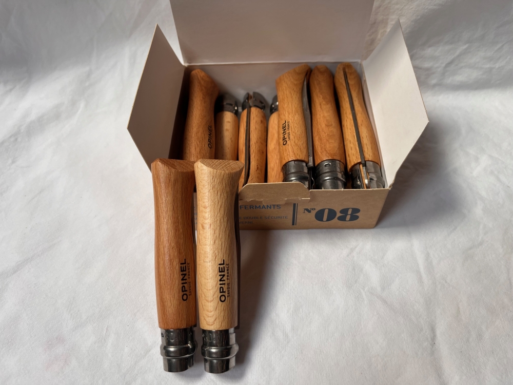 Opinel 8VRI Boxed Set of 12 Stainless Locking Knife with  beech wood handle