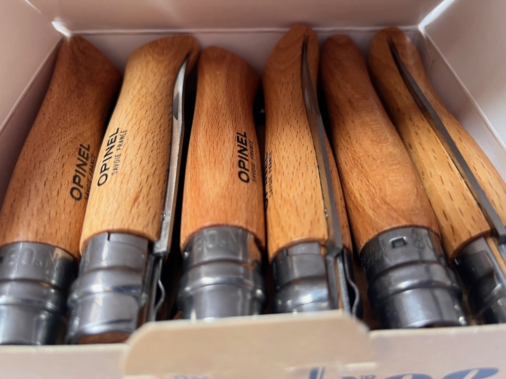 Opinel 8VRI Boxed Set of 12 Stainless Locking Knife with  beech wood handle