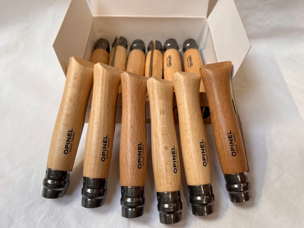 Opinel 9VRI Stainless Steel box of 12 original classic Beech Handle Virobloc safety locking ring