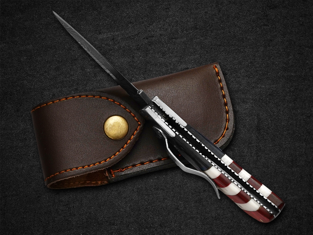 Custom Pocket Knife Handmade Damascus Folding Knives USA Texas Flag Handle with leather sheath,