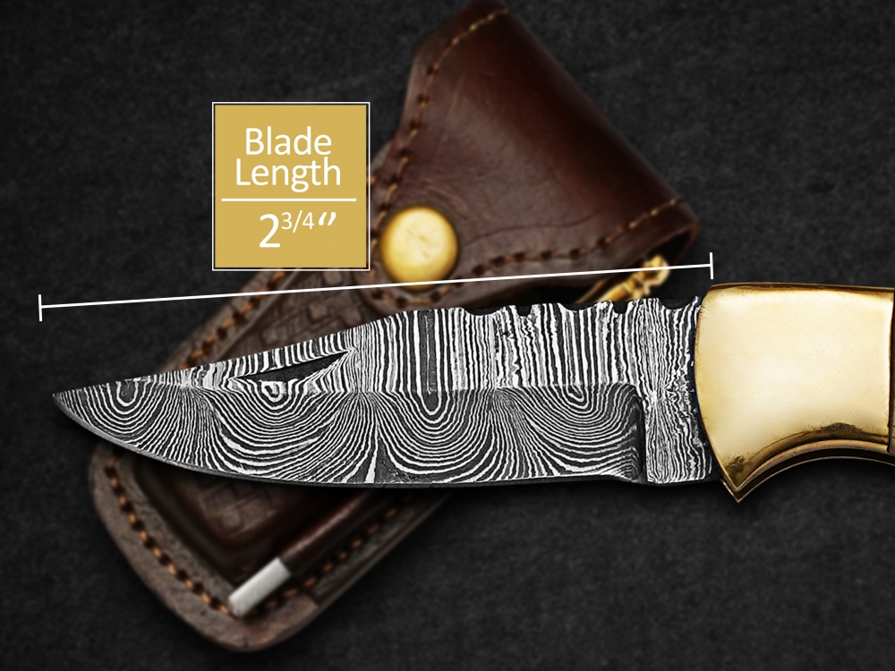 custom handmade folding knife Damascus steel pocket knife  with leather sheath,