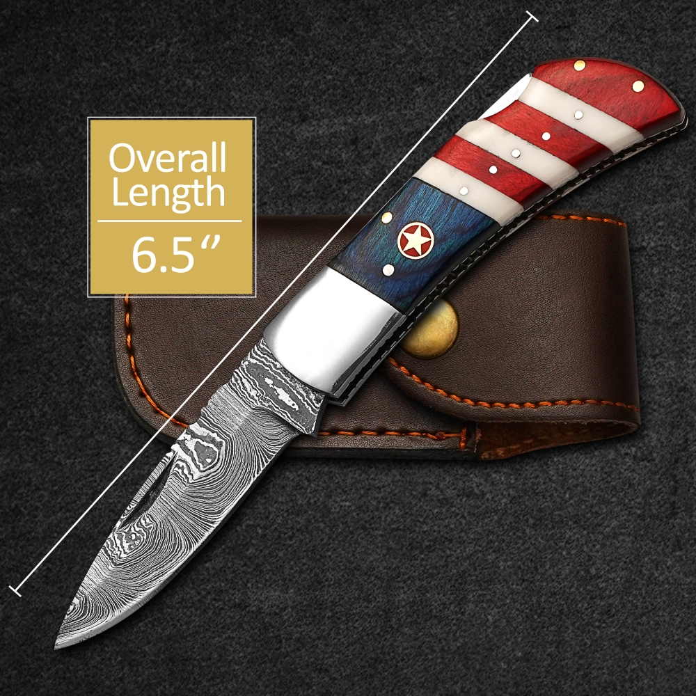 Custom Pocket Knife Handmade Damascus Folding Knives USA Texas Flag Handle with leather sheath,