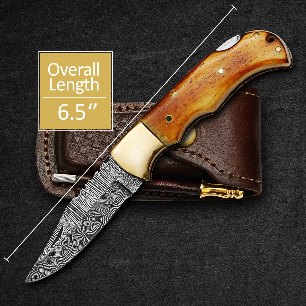 custom handmade folding knife Damascus steel pocket knife  with leather sheath,