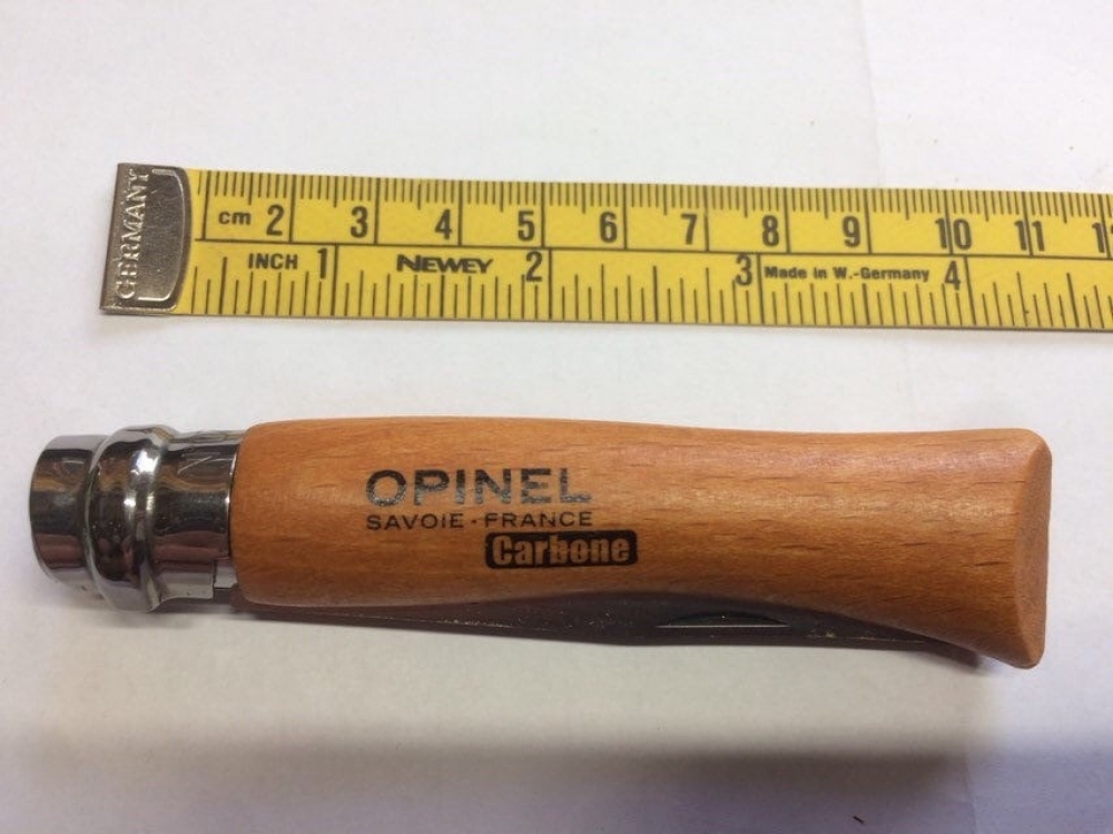 Opinel No. 7VRN locking Carbon Steel Blade Beech Handle, a handy hand size