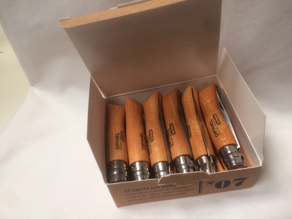 Opinel 7VRN Box of 12 Locking knife With a Carbon Steel Blade Beech Handle.