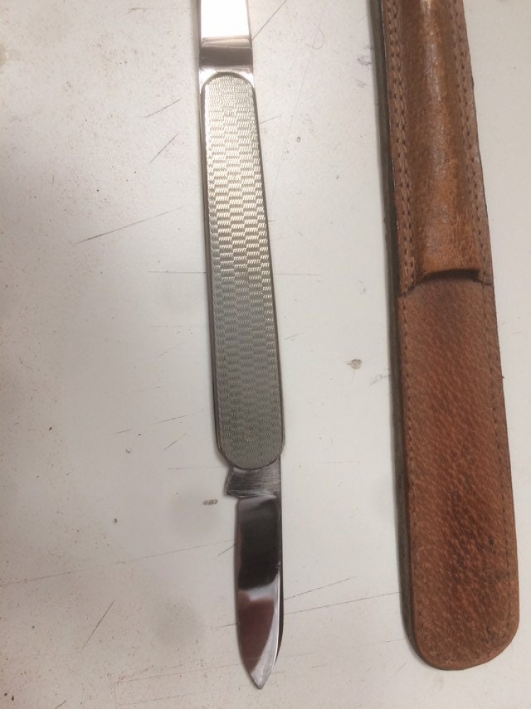 BroomWade letter knife in leather sheath. Stainless 9 1/4\" closed length 11 1/4\" opened length.