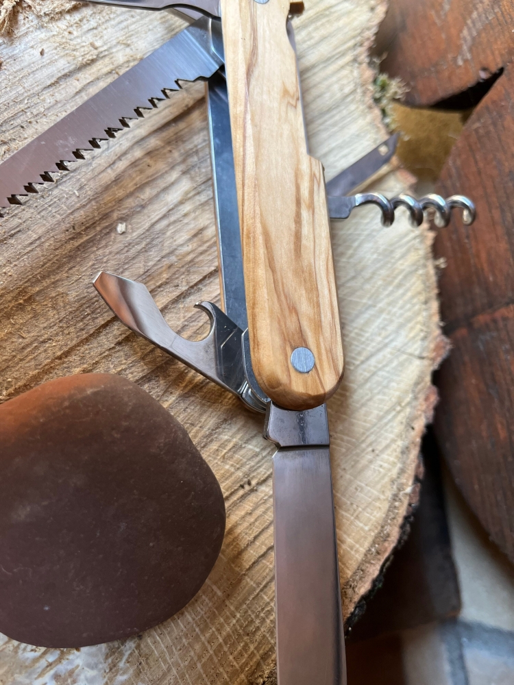 Beautiful Olive wood 8 tool multipurpose folding knife. Murcury Inox Italy.