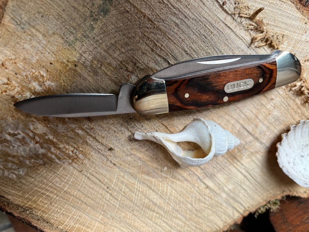 Buck 'Canoe' Nickel silver bolsters wood centre. Two stainless blades 2 1/2\" & 1 7/8\"