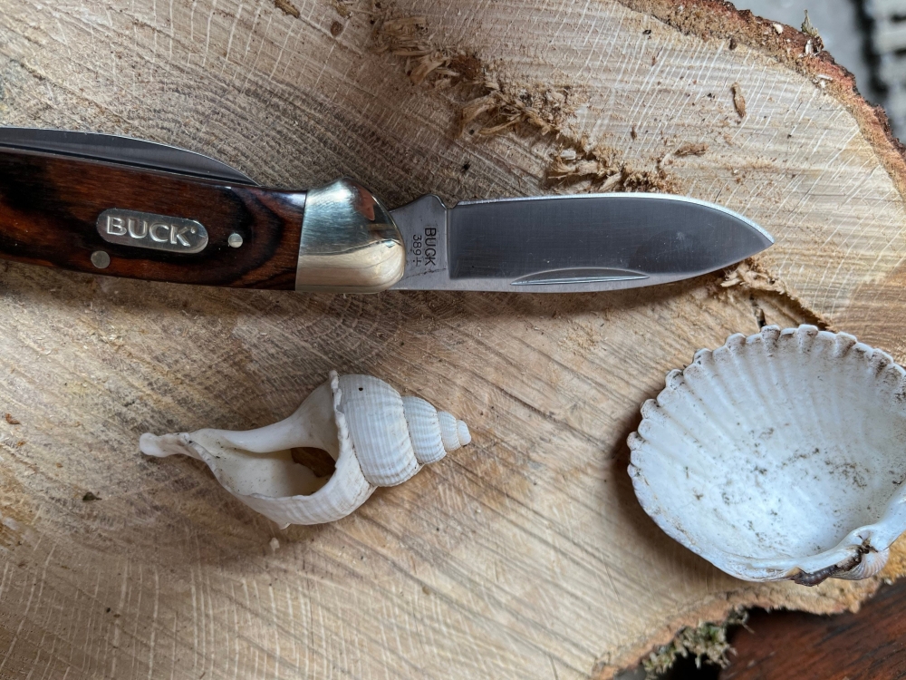 Buck 'Canoe' Nickel silver bolsters wood centre. Two stainless blades 2 1/2\" & 1 7/8\"