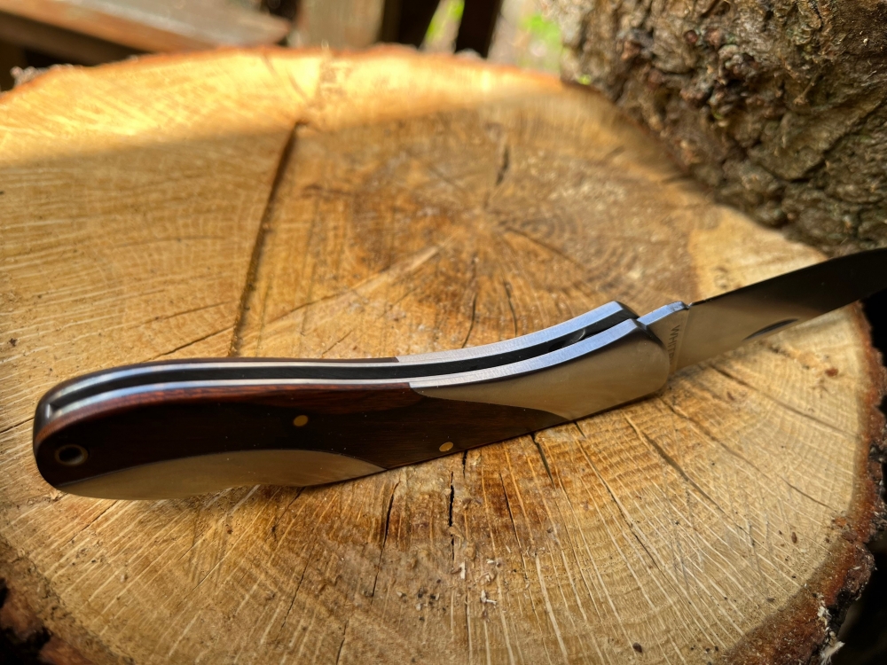 Elegant 3\" locking blade Whitby Knife. Hardwood with combined stainless handle.