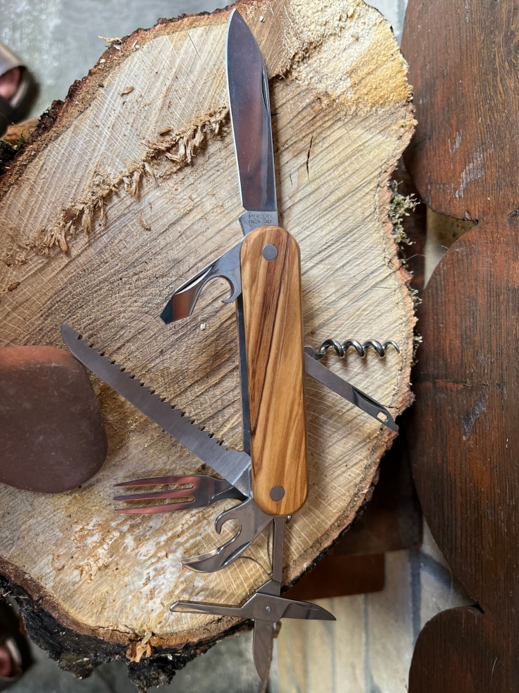 Beautiful Olive wood 8 tool multipurpose folding knife. Murcury Inox Italy.