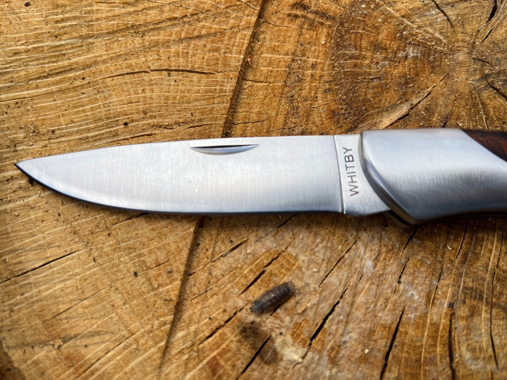 Elegant 3\" locking blade Whitby Knife. Hardwood with combined stainless handle.