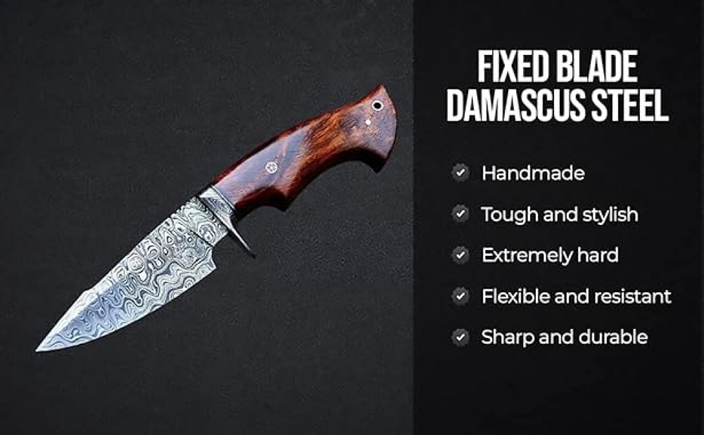 Damascus Knife - Premium Quality Hunting and Camping Tool with Walnut Wood Handle and Leather Sheath